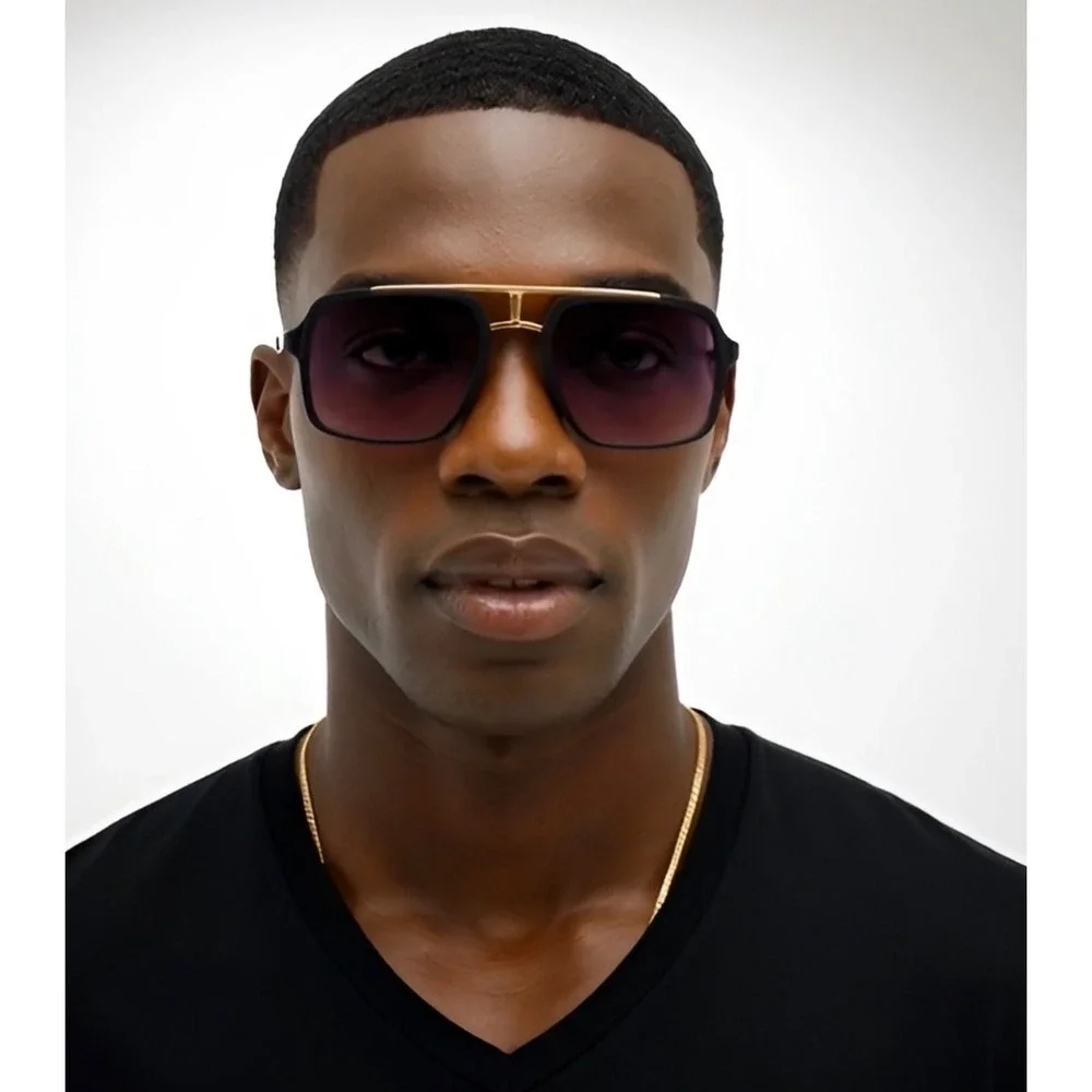 Mens Oversized Square Hip Hop Sunglasses Black Gold Double Bridge Gradient‎ Lens